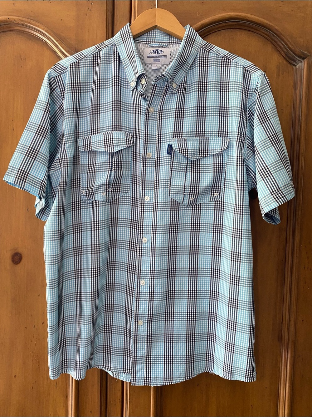 AFTCO Mens Large Short Sleeve Fishing Shirt Blue Plaid Vented Button Down